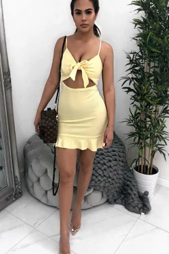 Rebellious Fashion Lemon Tie Front Ruffle Hem Mini Dress - Darianna