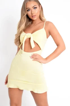 Rebellious Fashion Lemon Tie Front Ruffle Hem Mini Dress - Darianna