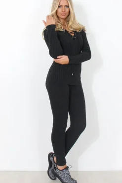 Rebellious Fashion Lennie Dark Grey Ribbed Lace Up Loungewear Set