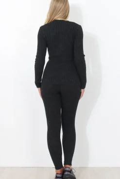 Rebellious Fashion Lennie Dark Grey Ribbed Lace Up Loungewear Set