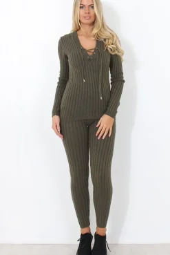 Rebellious Fashion Lennie Khaki Ribbed Lace Up Loungewear Set