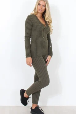 Rebellious Fashion Lennie Khaki Ribbed Lace Up Loungewear Set