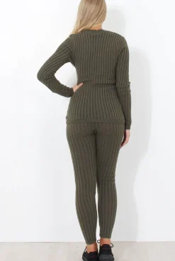 Rebellious Fashion Lennie Khaki Ribbed Lace Up Loungewear Set