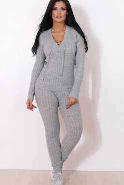 Rebellious Fashion Lennie Light Grey Ribbed Lace Up Loungewear Set