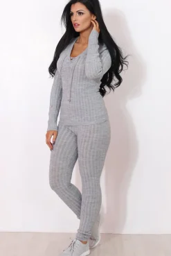 Rebellious Fashion Lennie Light Grey Ribbed Lace Up Loungewear Set