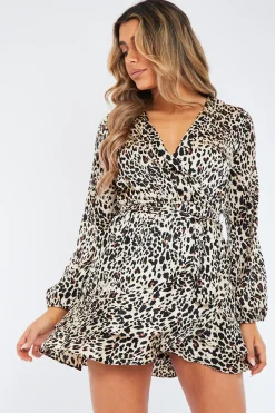 Rebellious Fashion Leopard Satin Frill Hem Wrap Mini Dress - Debbie