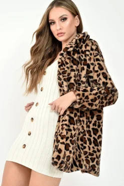 Rebellious Fashion Leopard Faux Fur Popper Button Coat - Clarisa