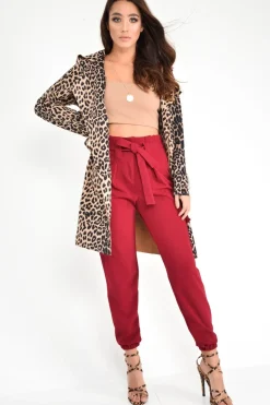 Rebellious Fashion Leopard Faux Suede Eyelet Detail Trench Coat - Leliana