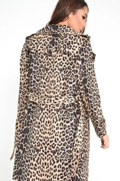 Rebellious Fashion Leopard Faux Suede Eyelet Detail Trench Coat - Leliana