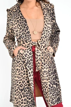 Rebellious Fashion Leopard Faux Suede Eyelet Detail Trench Coat - Leliana