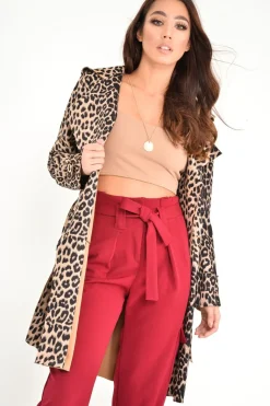 Rebellious Fashion Leopard Faux Suede Eyelet Detail Trench Coat - Leliana