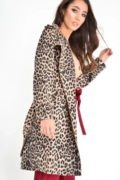 Rebellious Fashion Leopard Faux Suede Eyelet Detail Trench Coat - Leliana