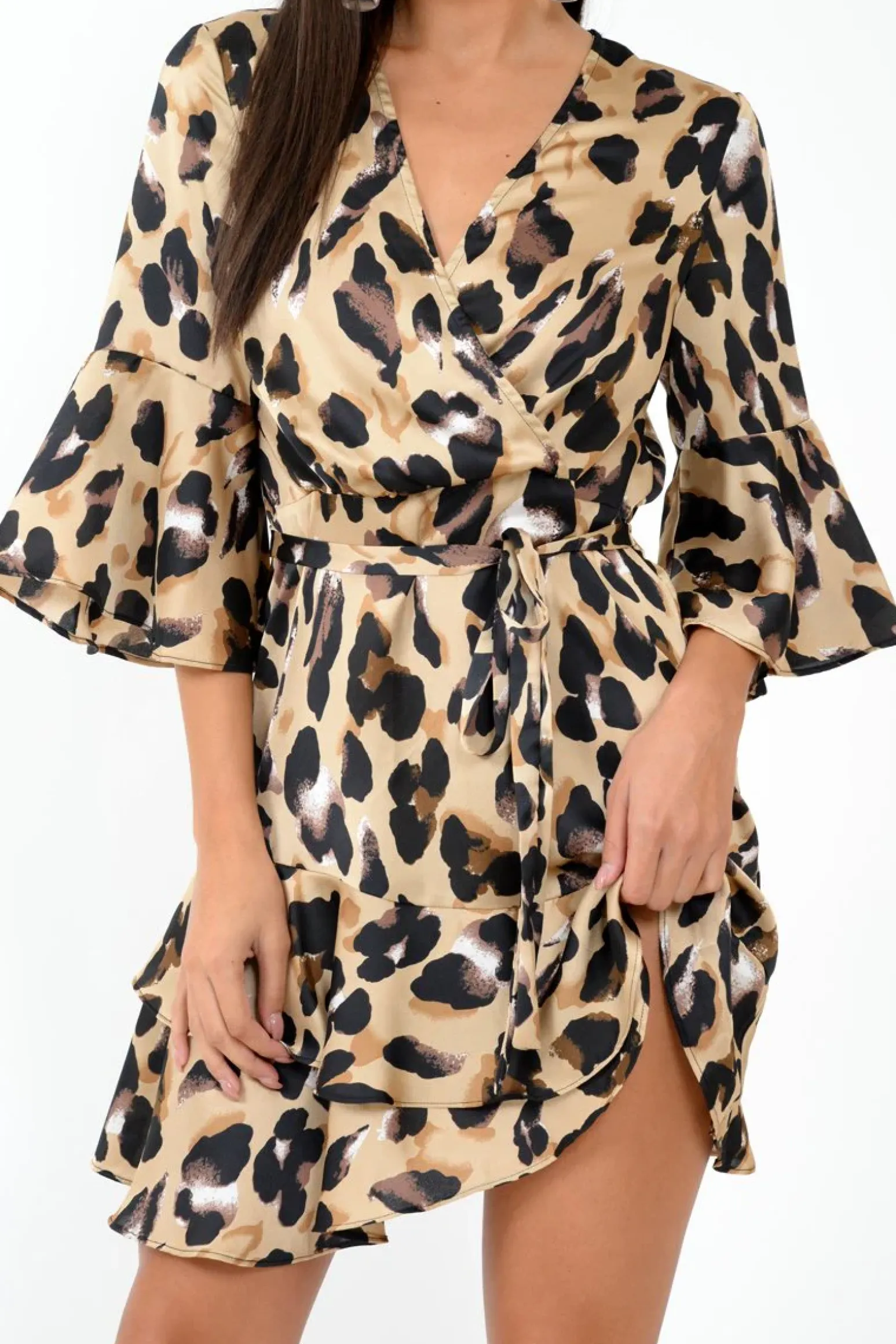 Rebellious Fashion Leopard Frill Tie Waist Mini Dress - Maxtyn