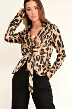 Rebellious Fashion Leopard Knot Front Plunge Shirt - Jurnie
