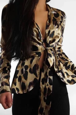 Rebellious Fashion Leopard Knot Front Plunge Shirt - Jurnie