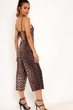 Rebellious Fashion Leopard Plunge Strappy Culotte Jumpsuit - Bostyn