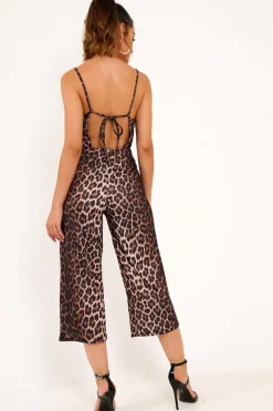 Rebellious Fashion Leopard Plunge Strappy Culotte Jumpsuit - Bostyn