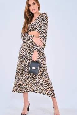 Rebellious Fashion Leopard Print Balloon Sleeve Blouse Midi Skirt Co-Ord - Carmina