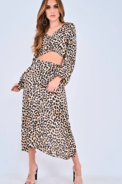 Rebellious Fashion Leopard Print Balloon Sleeve Blouse Midi Skirt Co-Ord - Carmina