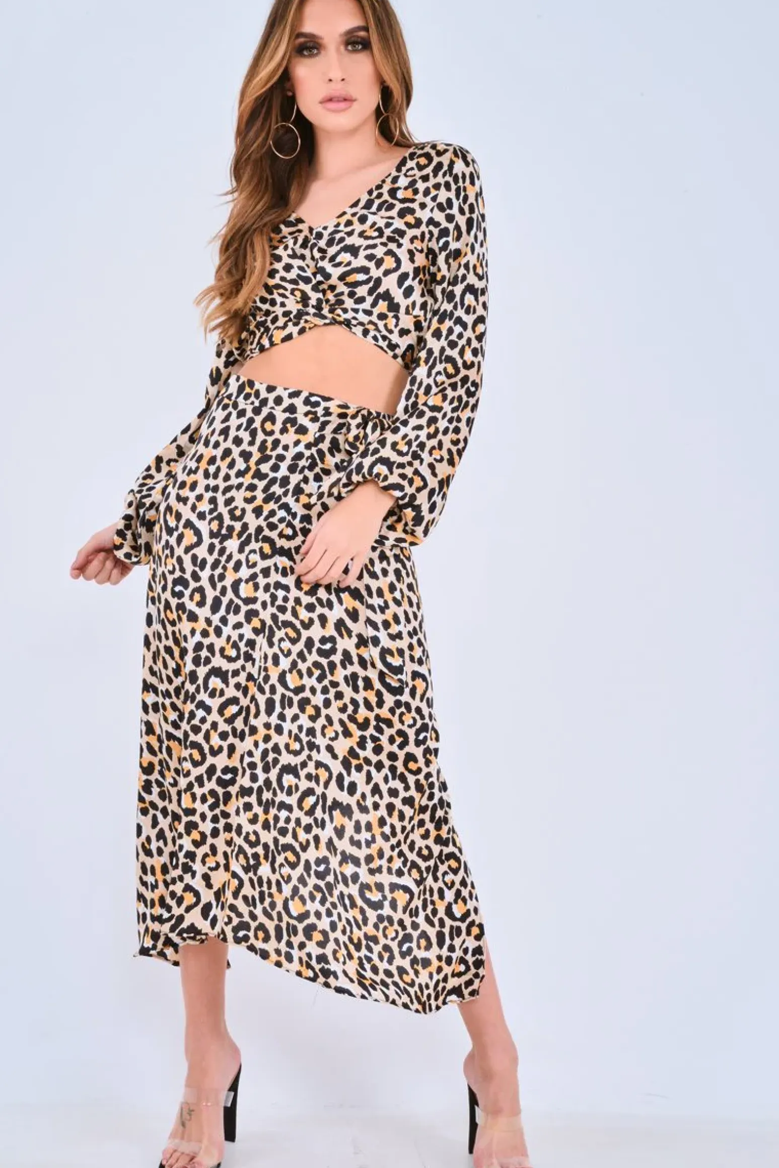 Rebellious Fashion Leopard Print Balloon Sleeve Blouse Midi Skirt Co-Ord - Carmina