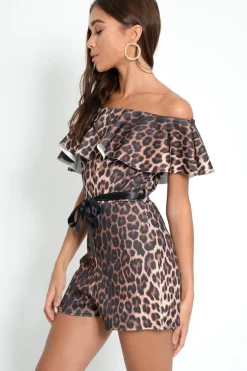 Rebellious Fashion Leopard Print Bardot Frill Playsuit - Wrenley
