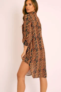 Rebellious Fashion Leopard Print Button Up Sleeve Shirt Dress - Zoey