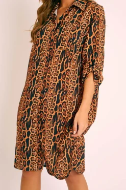Rebellious Fashion Leopard Print Button Up Sleeve Shirt Dress - Zoey