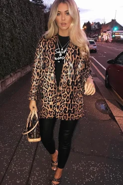 Rebellious Fashion Leopard Print Coated Longline Blazer - Avilyn