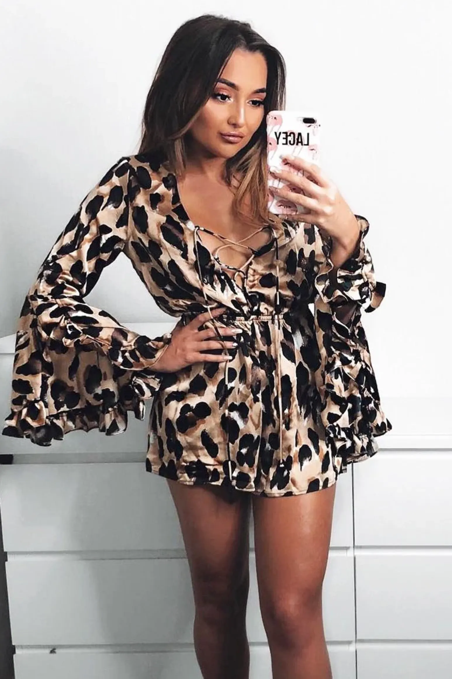 Rebellious Fashion Leopard Print Flared Sleeve Tie Up Playsuit - Deyli