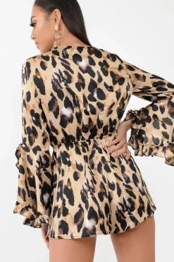 Rebellious Fashion Leopard Print Flared Sleeve Tie Up Playsuit - Deyli