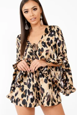 Rebellious Fashion Leopard Print Flared Sleeve Tie Up Playsuit - Deyli
