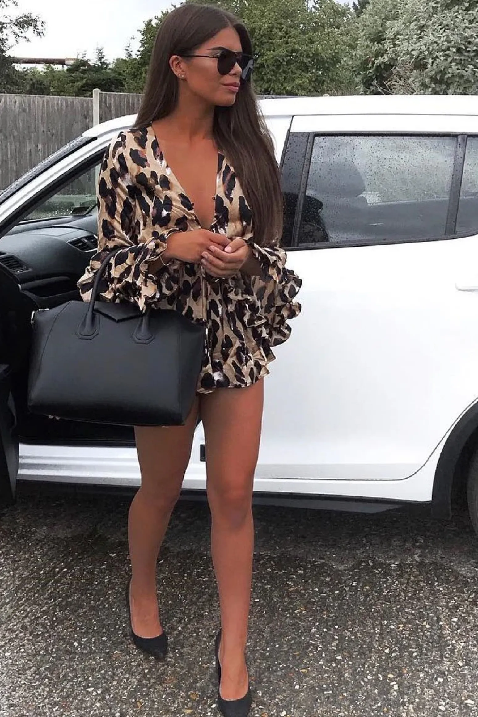 Rebellious Fashion Leopard Print Flared Sleeve Tie Up Playsuit - Deyli