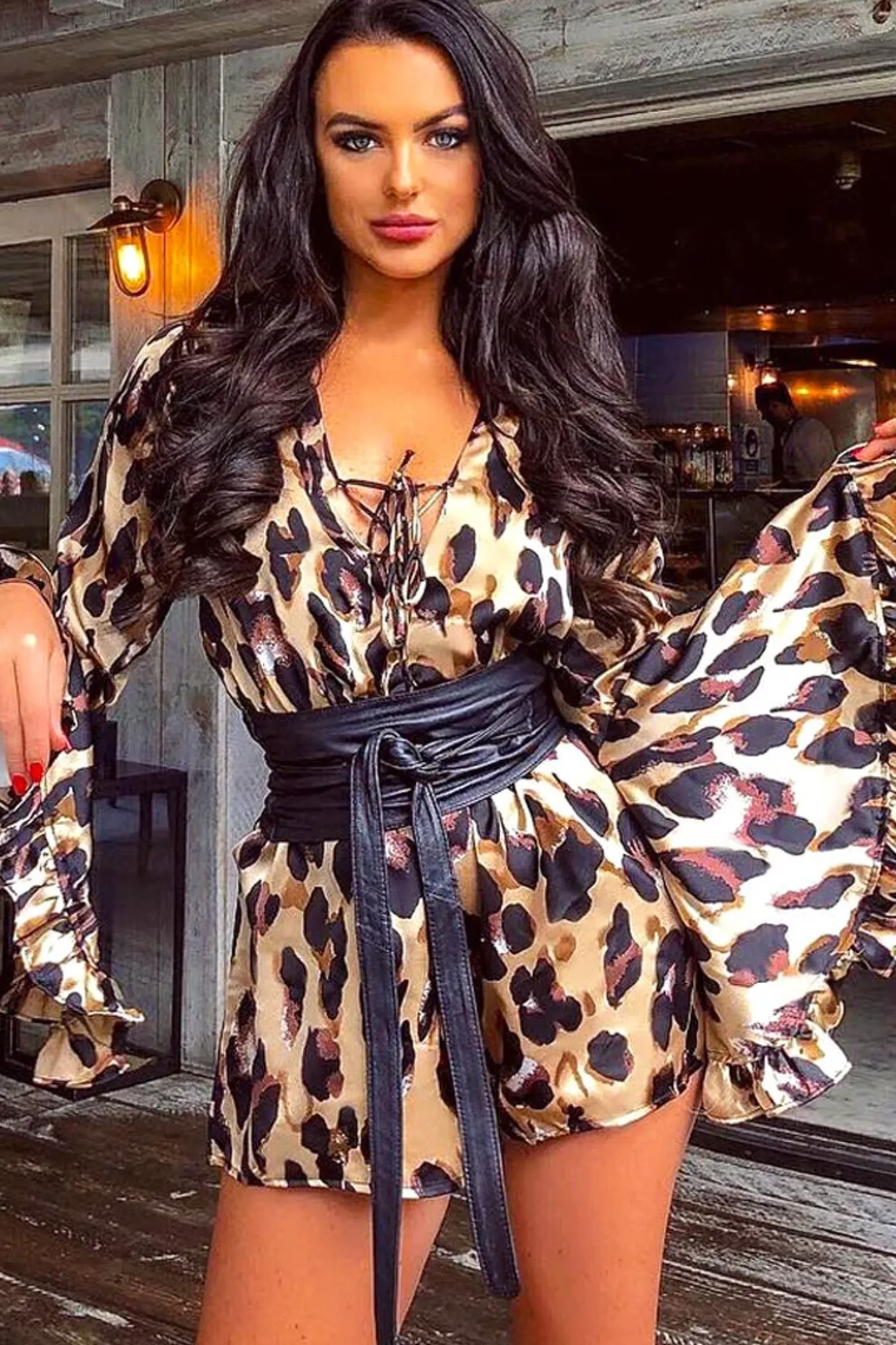 Rebellious Fashion Leopard Print Flared Sleeve Tie Up Playsuit - Deyli