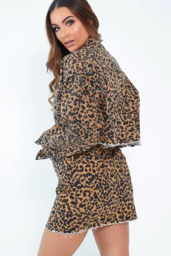 Rebellious Fashion Leopard Print Fray Hem Denim Skirt - Harmoni