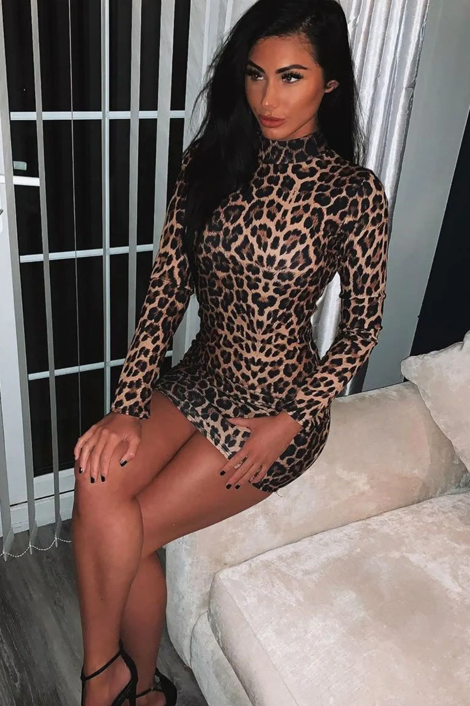 Rebellious Fashion Leopard Print High Neck Mini Bodycon Dress - Alania