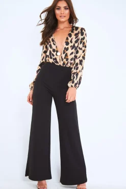 Rebellious Fashion Leopard Print Plunge Long Sleeved Bodysuit - Aamori