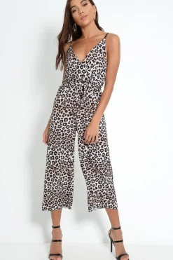 Rebellious Fashion Leopard Print Plunge Wrap Culotte Jumpsuit - Talani
