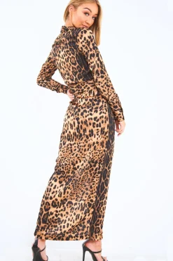 Rebellious Fashion Leopard Print Plunge Wrap Front Maxi Dress - Beni