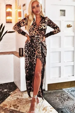 Rebellious Fashion Leopard Print Plunge Wrap Front Maxi Dress - Beni