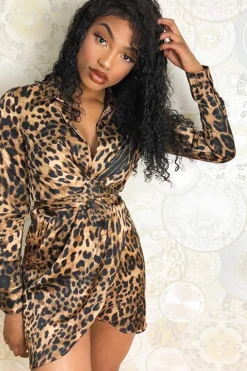 Rebellious Fashion Leopard Print Tie Front Plunge Wrap Shirt Dress - Bexlee