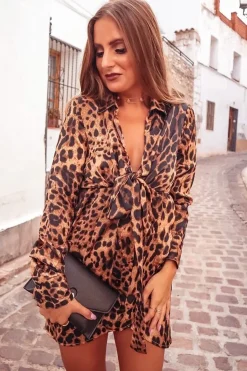 Rebellious Fashion Leopard Print Tie Front Plunge Wrap Shirt Dress - Bexlee