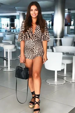 Rebellious Fashion Leopard Print Wrap Front Playsuit - Jamina