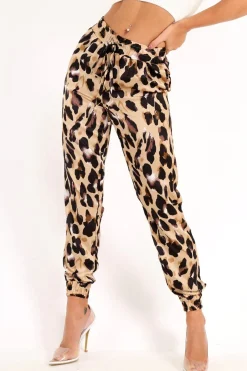 Rebellious Fashion Leopard Satin Drawstring Cuff Joggers - Kaelie