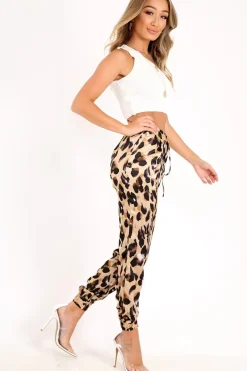 Rebellious Fashion Leopard Satin Drawstring Cuff Joggers - Kaelie