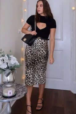 Rebellious Fashion Leopard Satin High Waist Floaty Midi Skirt - Dasha