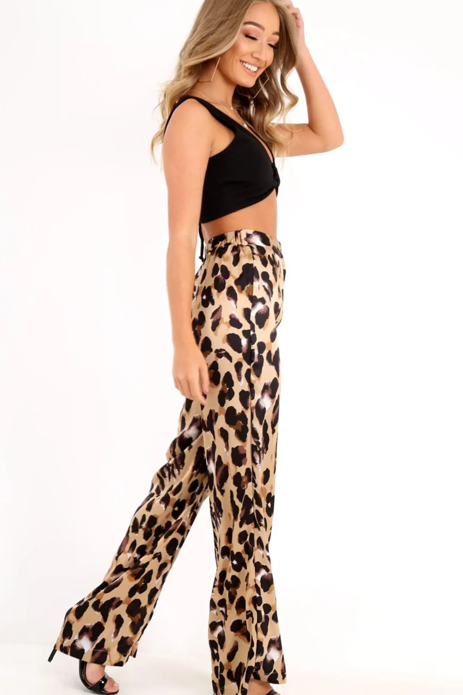 Rebellious Fashion Leopard Satin High Waist Wide Leg Trousers - Juliana