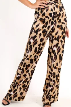 Rebellious Fashion Leopard Satin High Waist Wide Leg Trousers - Juliana