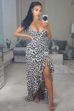 Rebellious Fashion Leopard Split Front Ruffle Hem Maxi Dress - Kaela