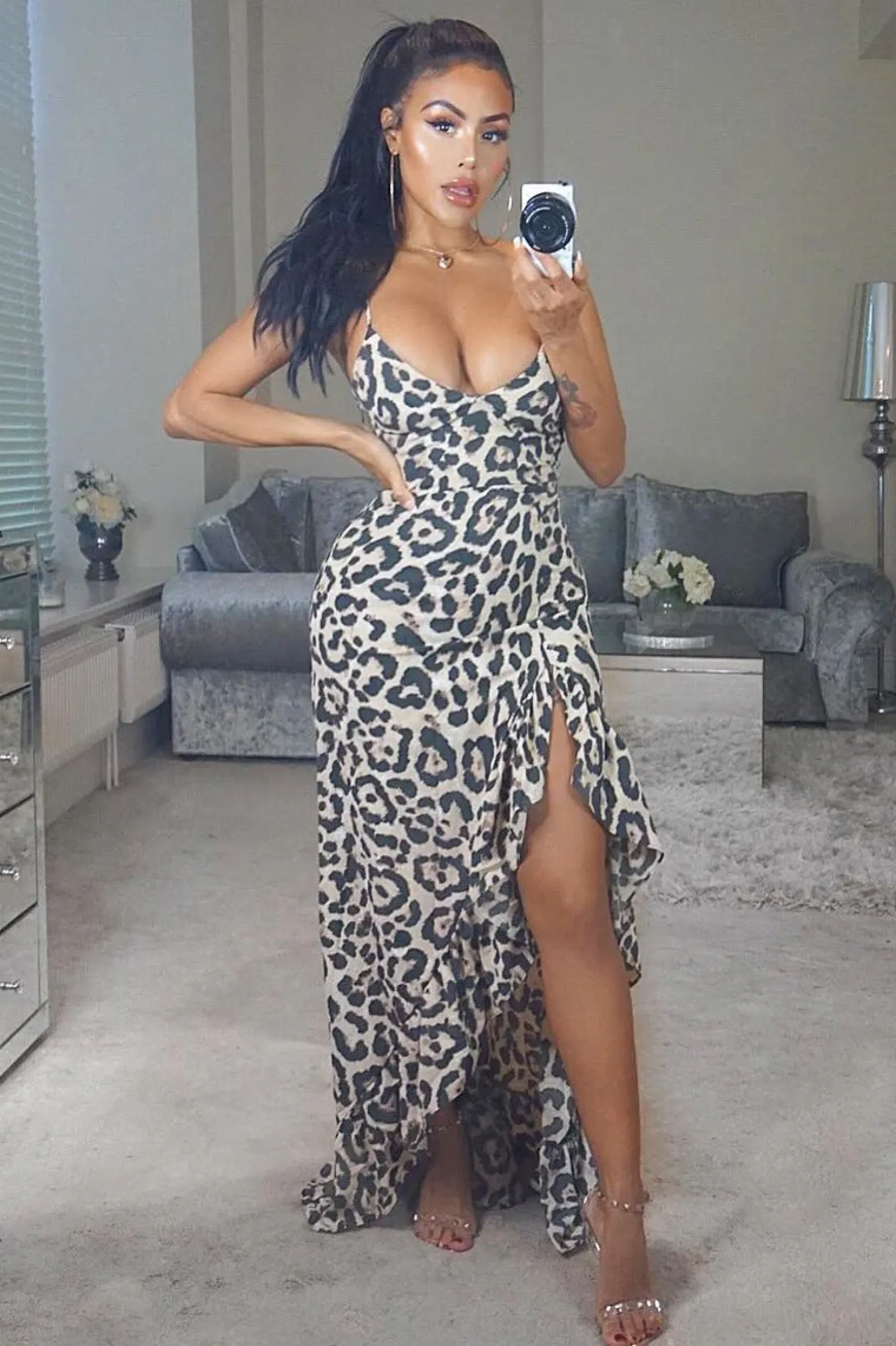 Rebellious Fashion Leopard Split Front Ruffle Hem Maxi Dress - Kaela