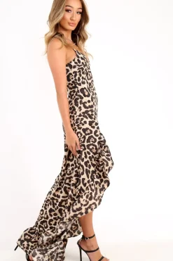 Rebellious Fashion Leopard Split Front Ruffle Hem Maxi Dress - Kaela